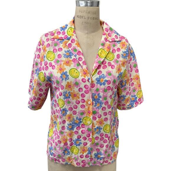 Sandro Smiley Floral Top Size S (1) Short Sleeve Botton Front Linen‎ Blend - Picture 1 of 9